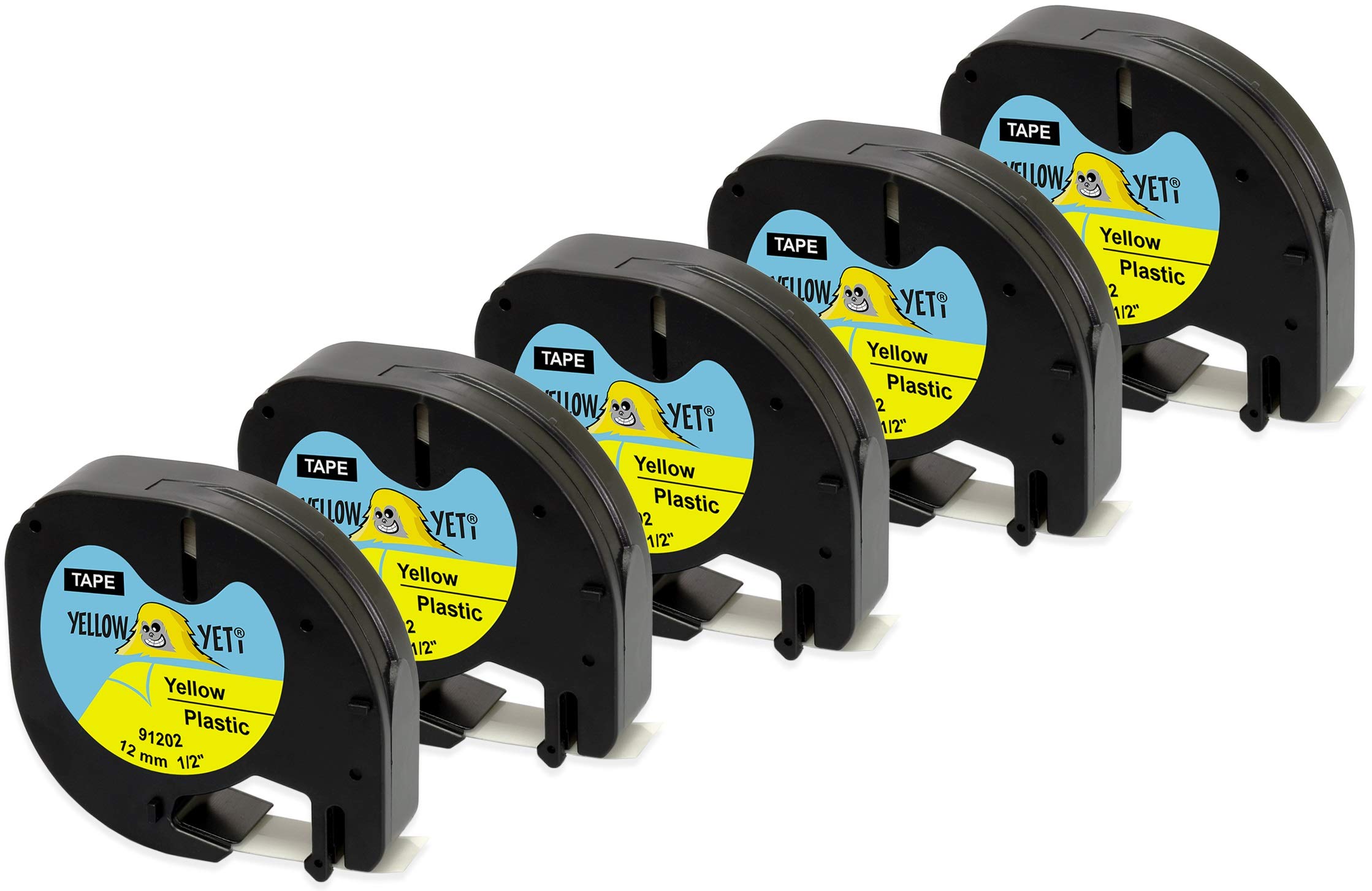 Yellow Yeti 5 Plastic Label Tapes 91202 S0721620 S0721670 Black on Yellow 12mm x 4m Compatible with LetraTag LT-100H LT-100T LT-110T QX50 XR XM 2000 Plus Label Makers