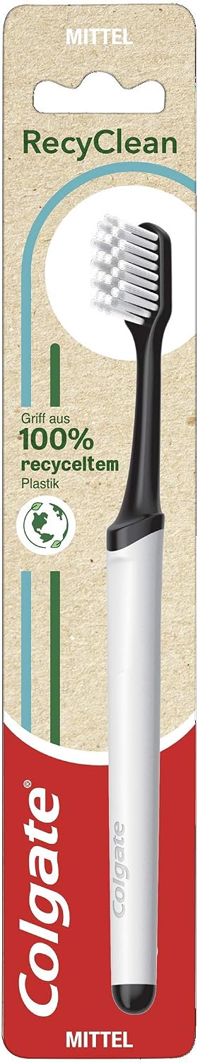 Colgate RecyClean Toothbrush, Medium, Pack of 1, Manual Toothbrush with Plant-Based Bristles and Handle Made from 100% Recycled Plastic