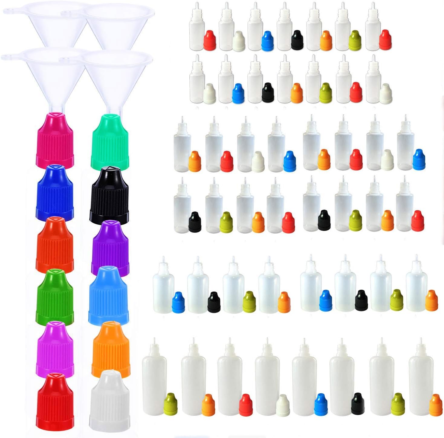 SmaUnicorn LDPE Squeezable Dropper Juice Bottle - 20Pcs x 15ml Empty Eye Liquid Droppers Plastic Containers + Mixed Color Childproof Caps + Funnels