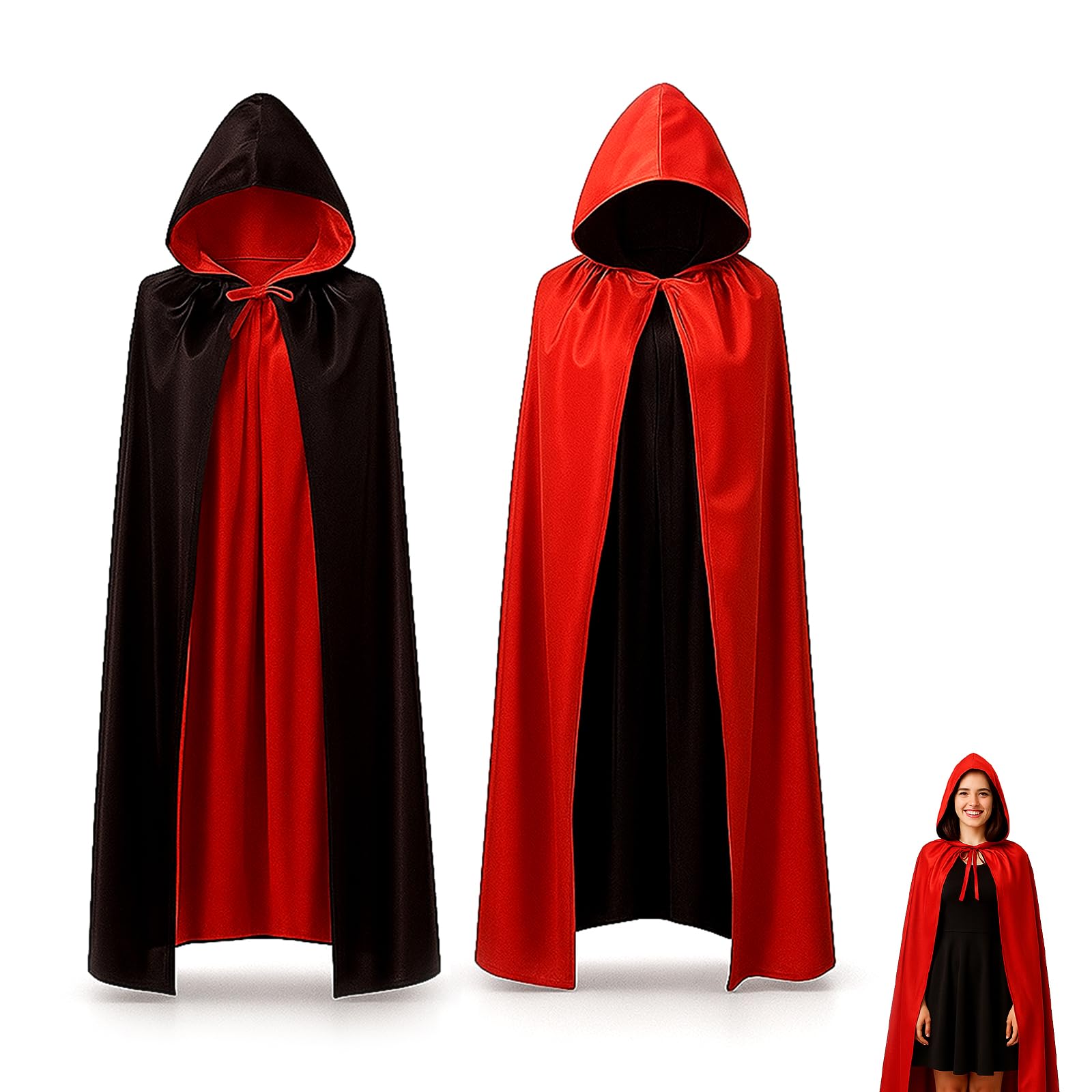 YONEEKSS Halloween Vampire Cape, Black Red Double Sided Hooded Cloak Cape, for Unisex Adult Cosplay Rave Halloween Costumes（150cm）