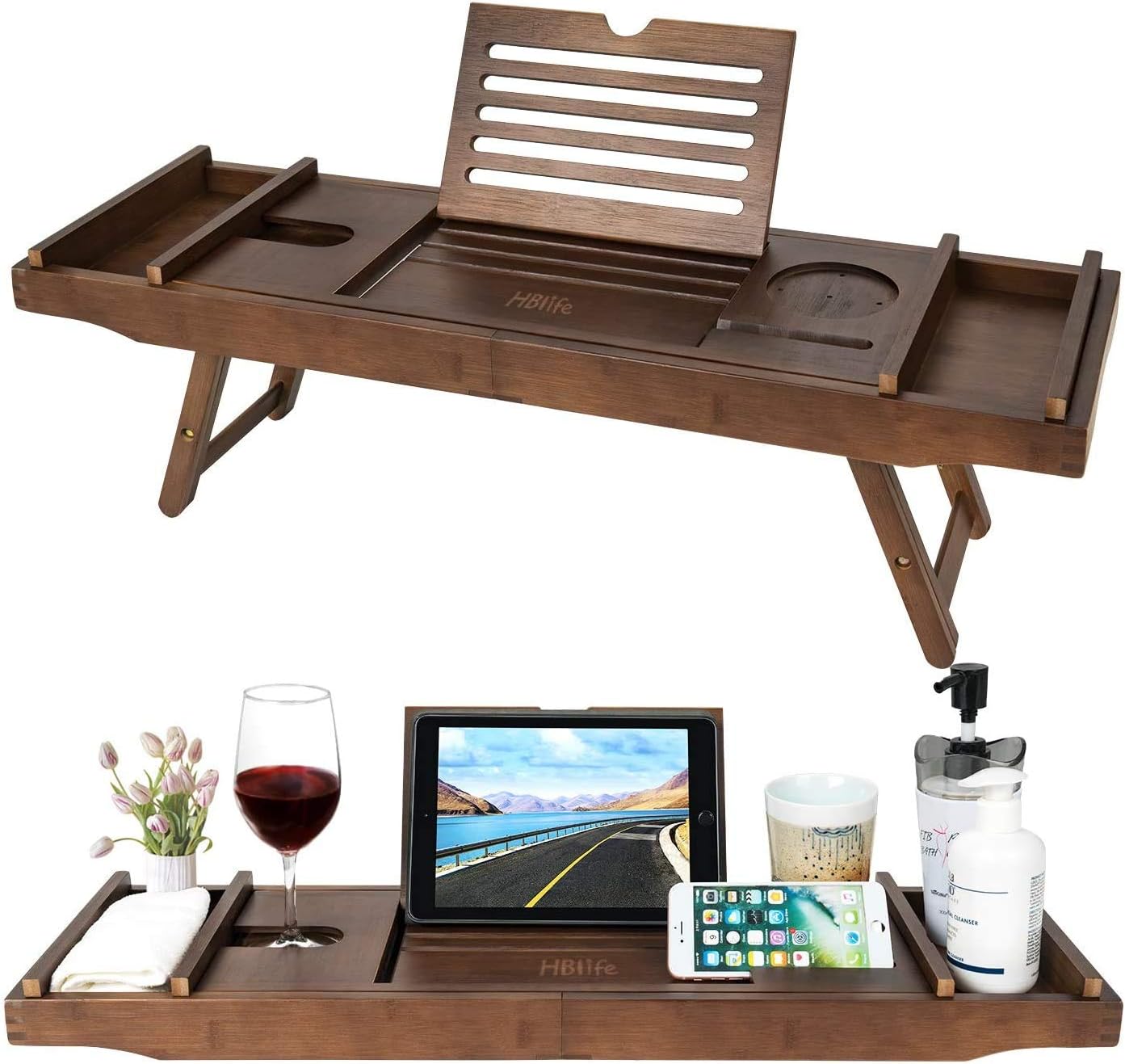 Bathtub Caddy Tray Bath Table with Extending Sides, Bamboo Bath Tub Trays Tablet with Wine and Book Holder ,Cellphone Tray & Wine Glass Holder - Great Gift Idea