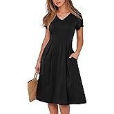 ANRABESS Women Summer Dress Casual Short Sleeve V Neck A-Line Knee Length Pleated Flowy 2026 Fashion Midi Dresses with Pocket