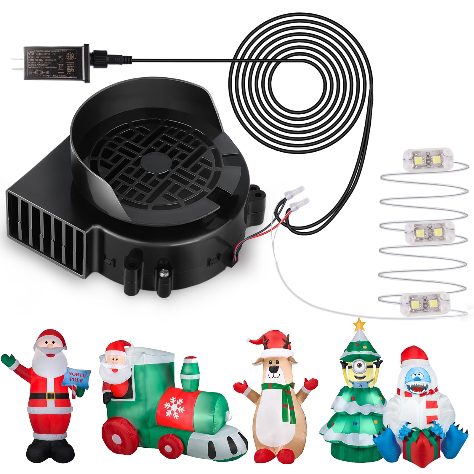 Photo 1 of Air Blower Fan for Inflatables, 12V 0.8A Mini Airup Replacement Blower Fan with 1.0A Adapter and 3 LEDs Bulbs Light for Halloween and Christmas Inflatables (IP68 Waterproof, 4500RPM, 3.8 * 3.8'')