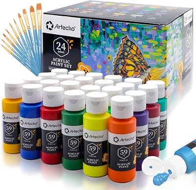Artecho 24 Color Acrylic Paint Set 59ml with 10 Brushes Non Toxic