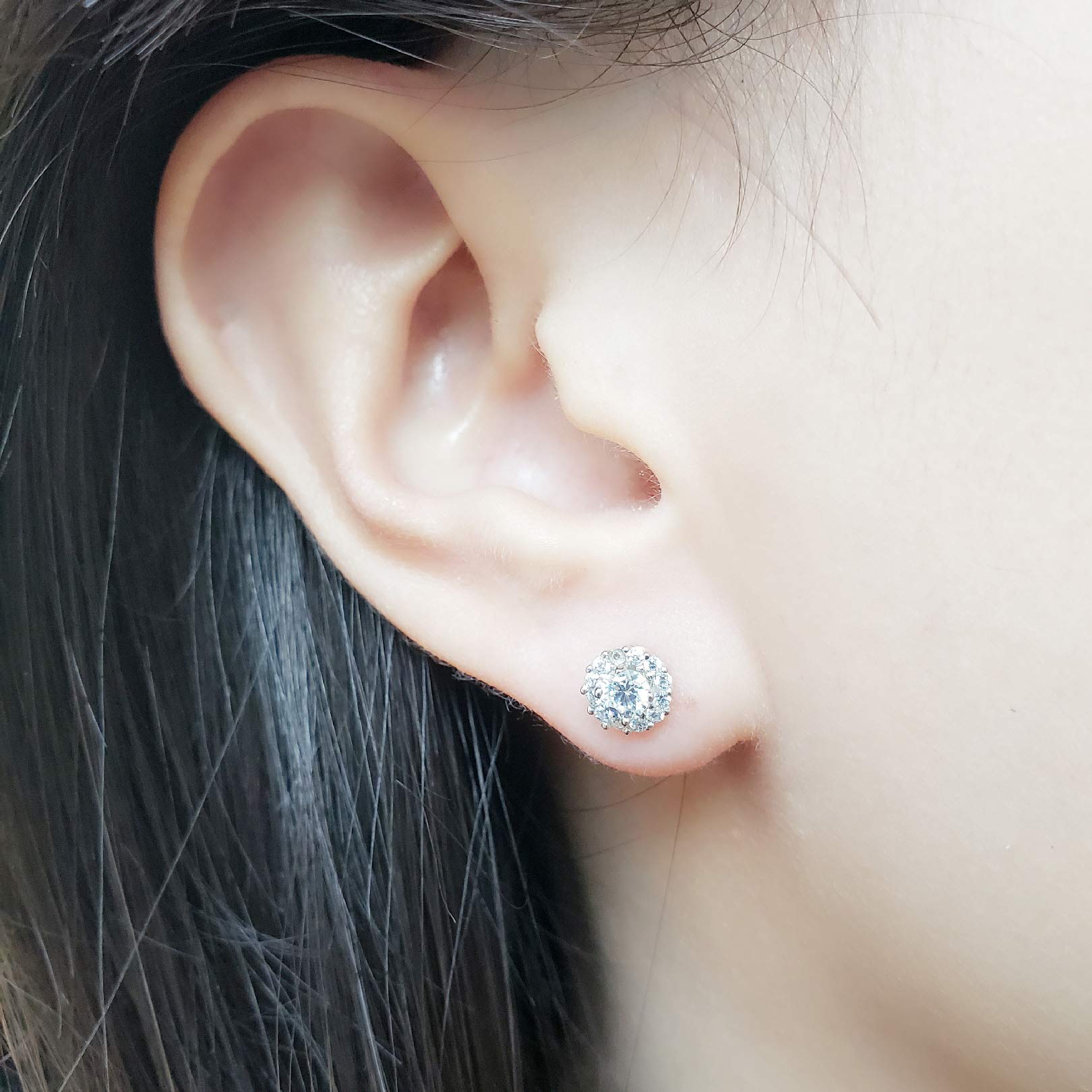 Rhodium-Plated Sterling Silver Cubic Zirconia Classic Halo Stud Earrings, (Center Stone: 4.5mm)