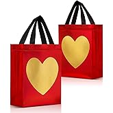 Nush Nush Gold Heart in Red Gift Bags Medium Size - Set of 12 Reusable Heart Gift Bag with Handles - Ideal Goodie Bag for Anniversary, Engagement, Wedding, Birthday, Valentines Day - 8x4x10