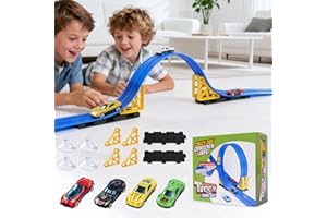 Kimdog Piste de voiture de course flexible pour enfants avec ventouses et 4 voitures moulées sous pression, plus de 4 m de lo