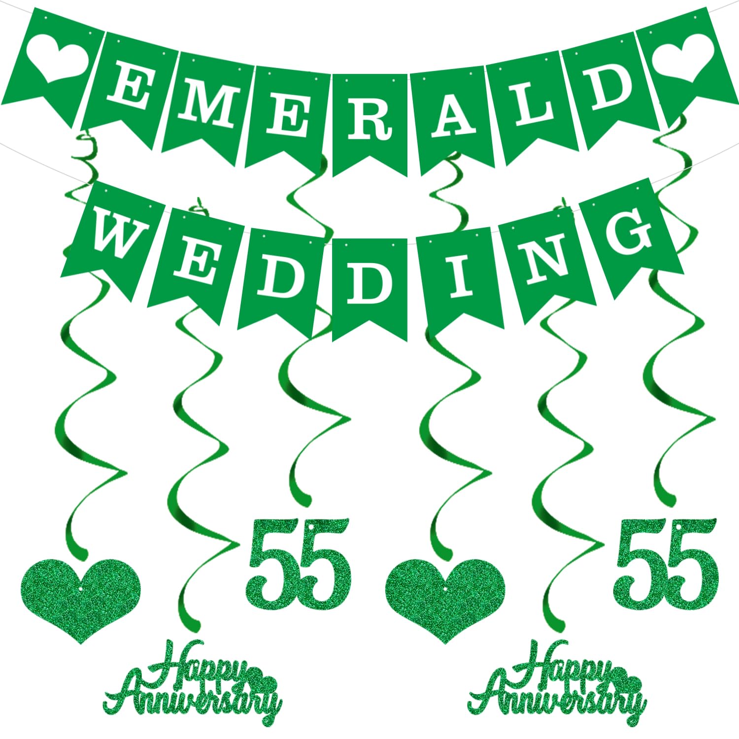Elicola 55th Anniversary Decorations Emerald Wedding Banner Hanging Swirls Happy 55th Anniversary Bunting Backdrop for Party Decorations