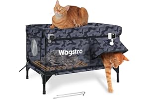 Wagstro Heated Cat House for Outside with Smart Pet Camera, Highly Elevated with Escape Door, Insulated Waterproof Outdoor Cat House Shelter for Feral Stray Barn Cat (Camo Black, 25.6"x16.5"x18.5")