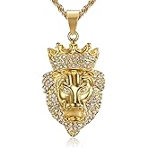 Lee Island Fashion 18K Gold Plated Lion King with Crown Pendant Stainless Steel Punk Viking Rock Necklace, 24 Inch Chain For Men Women Hip Hop Rapper Animal Jewelry Gift