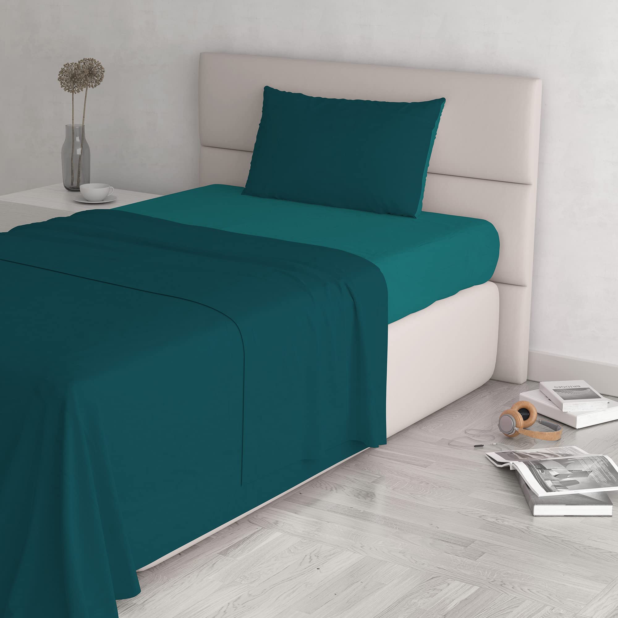 Italian Bed Linen Natural Color Bed Set (Flat 180x300, Fitted Sheet 120x200cm+Pillowcase 52x82cm), Petrol Bottle Green, 100% Cotton, SMALL DOUBLE