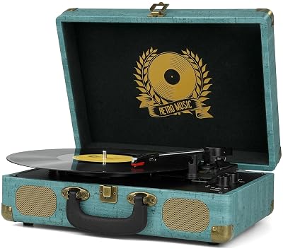 Vinyl Record Player 3-Speed Bluetooth Suitcase Portable Belt-Driven, Supports Bluetooth, RCA Output, 3.5mm aux-in and Headphone Jack and MP3, Mobile Phones Music Playback