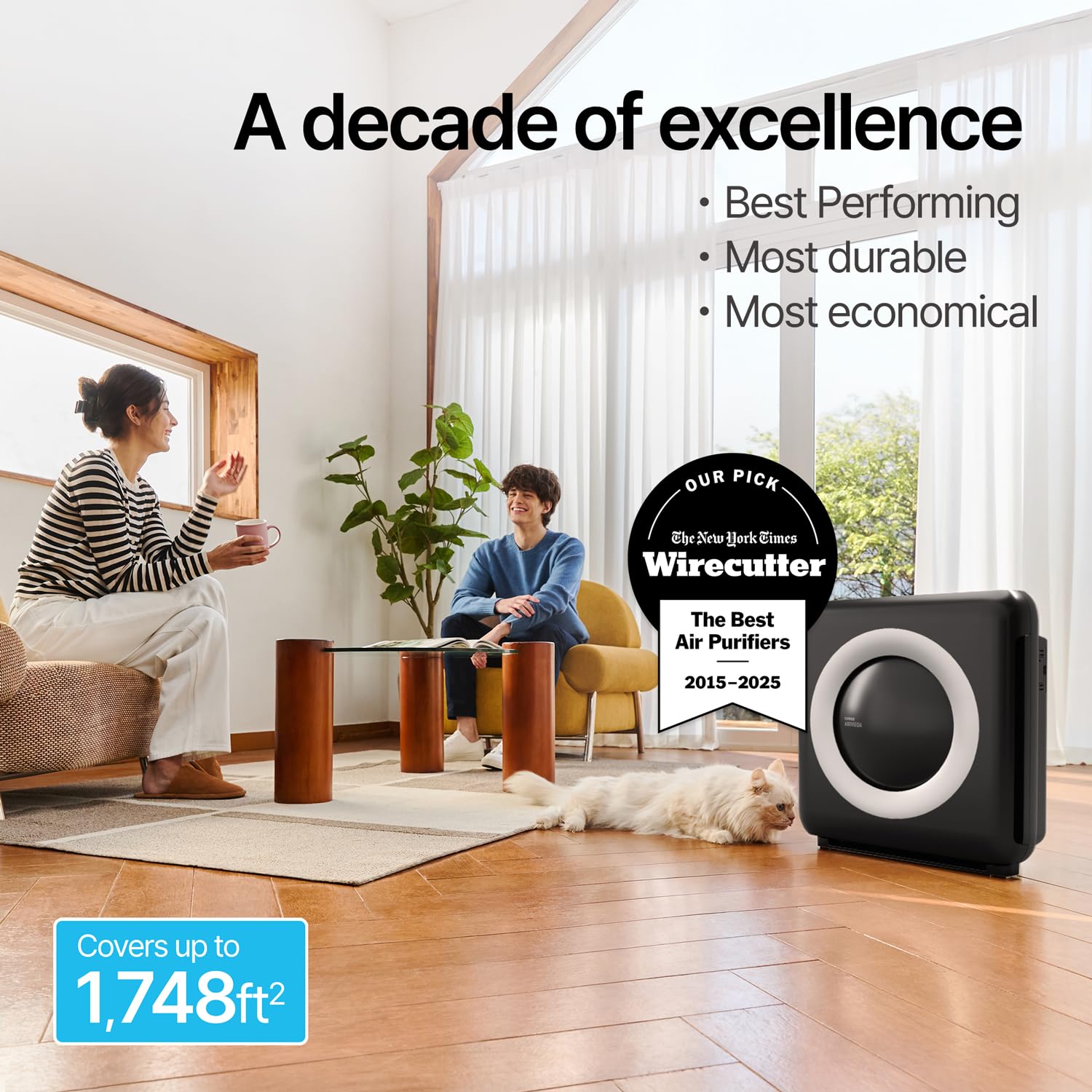 Coway Airmega AP-1512HH(W) True HEPA Purifier with Air Quality Monitoring, Auto, Timer, Filter Indicator, and Eco Mode, 16.8 x 18.3 x 9.7, White