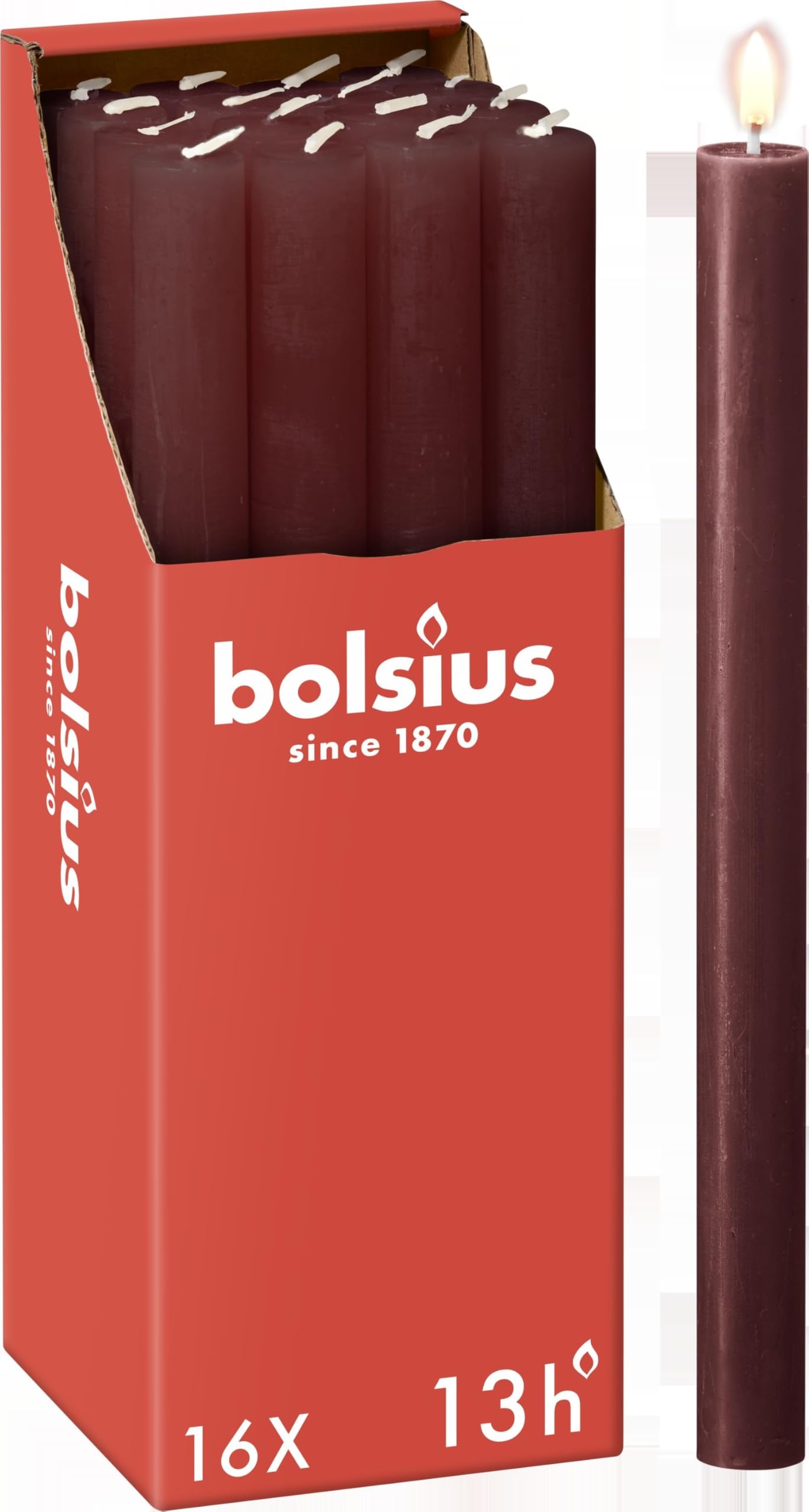 Bolsius Rustic Dinner Candles - Dark Red - Pack of 16 - Long Burning Time of 13 Hours - Household Candle - Interior Decoration - Unscented - Includes Natural Vegan Wax - 27 x 2.3 cm