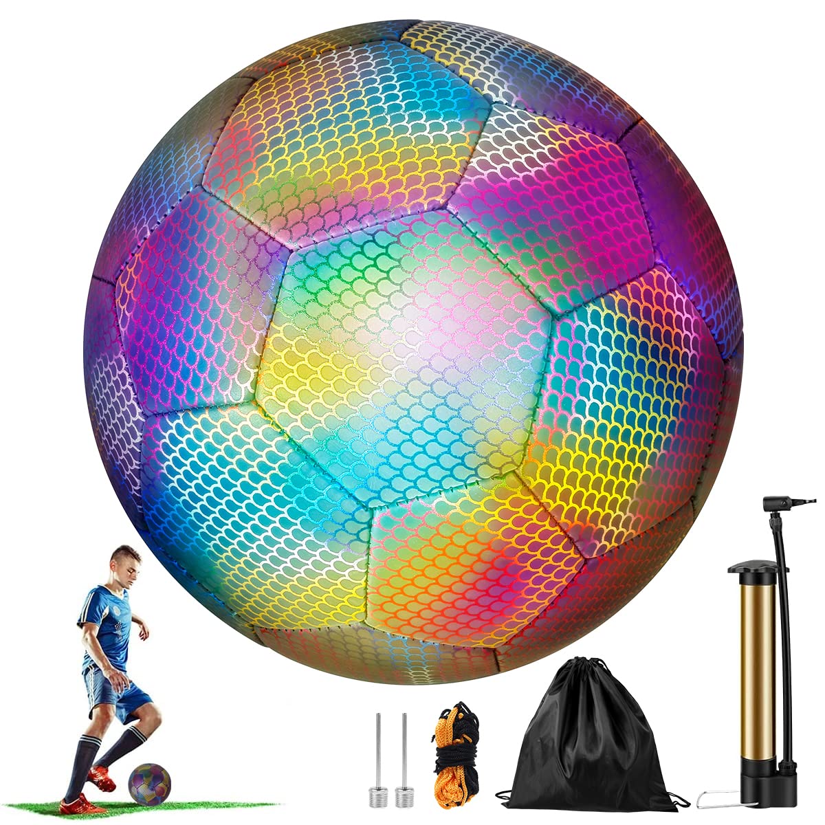 Dandelionsky Reflective Light up Football - Wear-Resistant Holographic Bright Football Glow in the Dark for Night Games and Training, for Boys Girls Outdoor Sports, Size 5