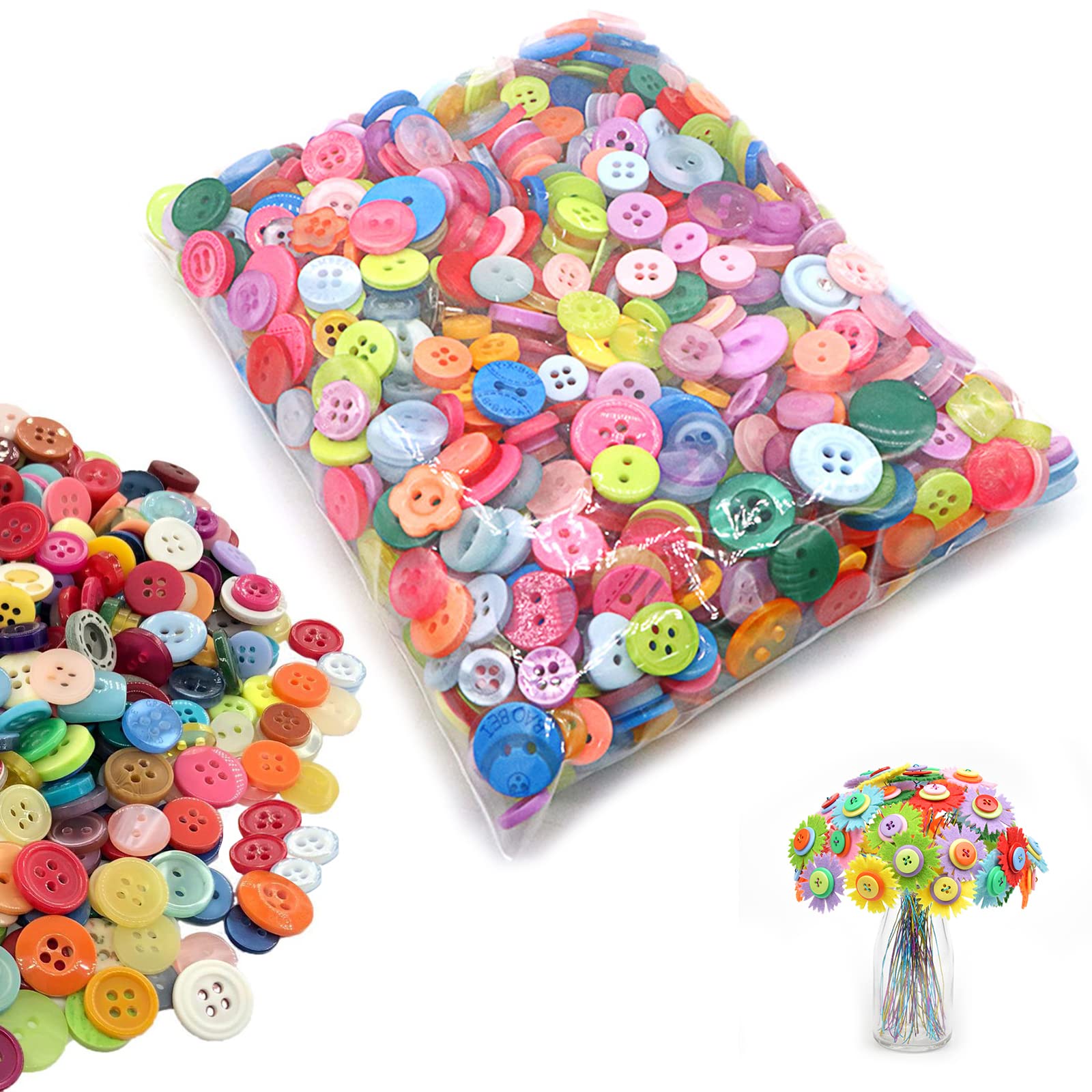 Buttons for Crafts, 1000PCS Button Mixed Colours and Sizes Round Resin Buttons for Craft Arts Knitting Sewing Cardigans DIY Handmade (9mm-13mm)