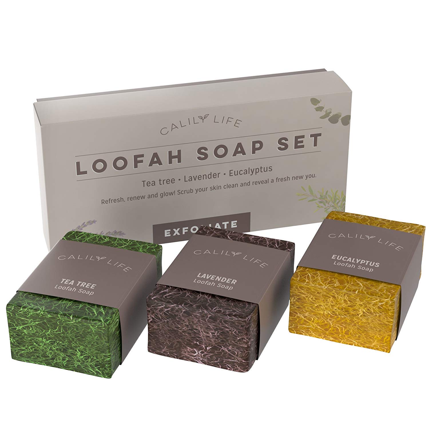 Calily Life Natural Luffa Soap Set Exfoliating Moisturizing Shower and Bath Soap Loofah Body Scrub Exfoliator – Lavender, Eucalyptus and Tea Tree Essential Oil Infused Soap with Natural Luffah sponge