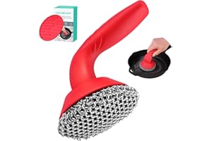 HAUSHOF Cast Iron Scrubber with Long Handle, Chainmail Scrubber Cast Iron Cleaner for Pan, Kitchen Cleaning Kit for Grill, Dutch, Oven