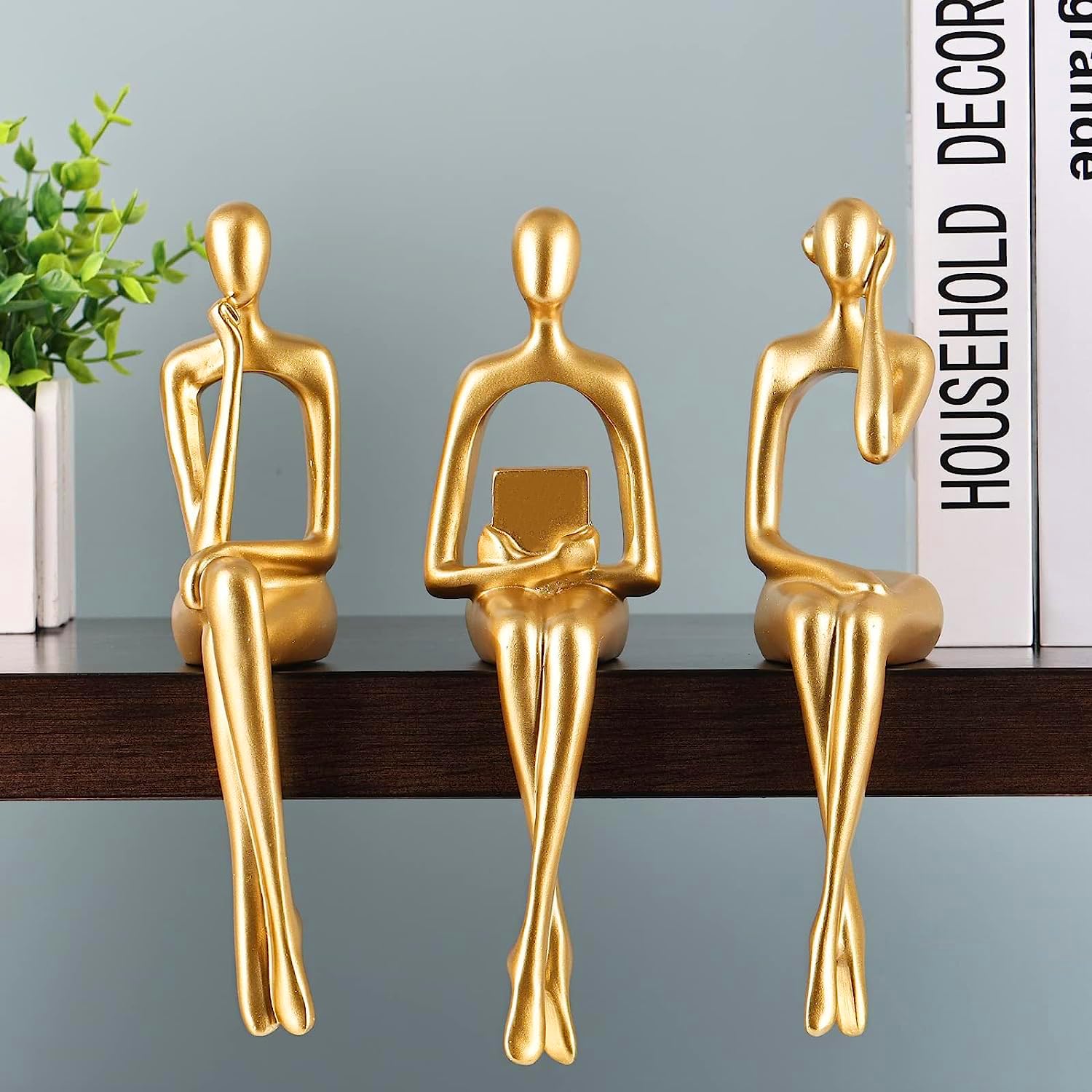 XYQXYQ Resin Thinker Statues Decor, 3pcs Abstract Sitting Sculptures, Bookshelf Desk Figurines, Home Office Living Room Shelf Accents, Gold Centerpiece Table Decorations (Gold)