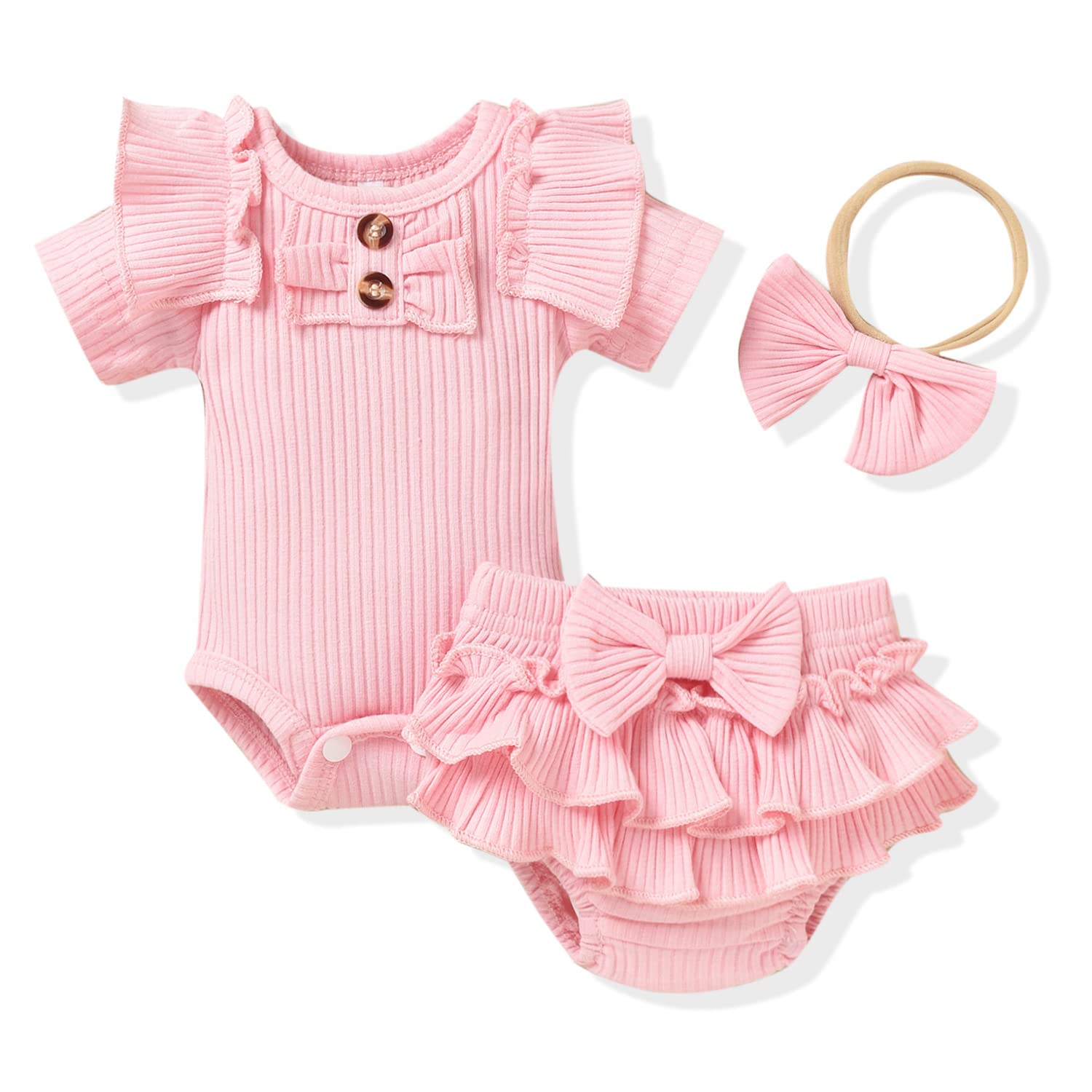 Photo 1 of Aalizzwell Preemie Baby Girls Clothes Short Sleeve Bloomer Shorts Ribbed Summer Outfit Pink Premature