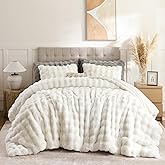 YIKUSH Fluffy Comforter Set Queen Size - Soft & Fuzzy Faux Fur Comforter, Ultra Plush White Comforter with Flannel Back, Warm Yet Lightweight Cozy Bedding Set