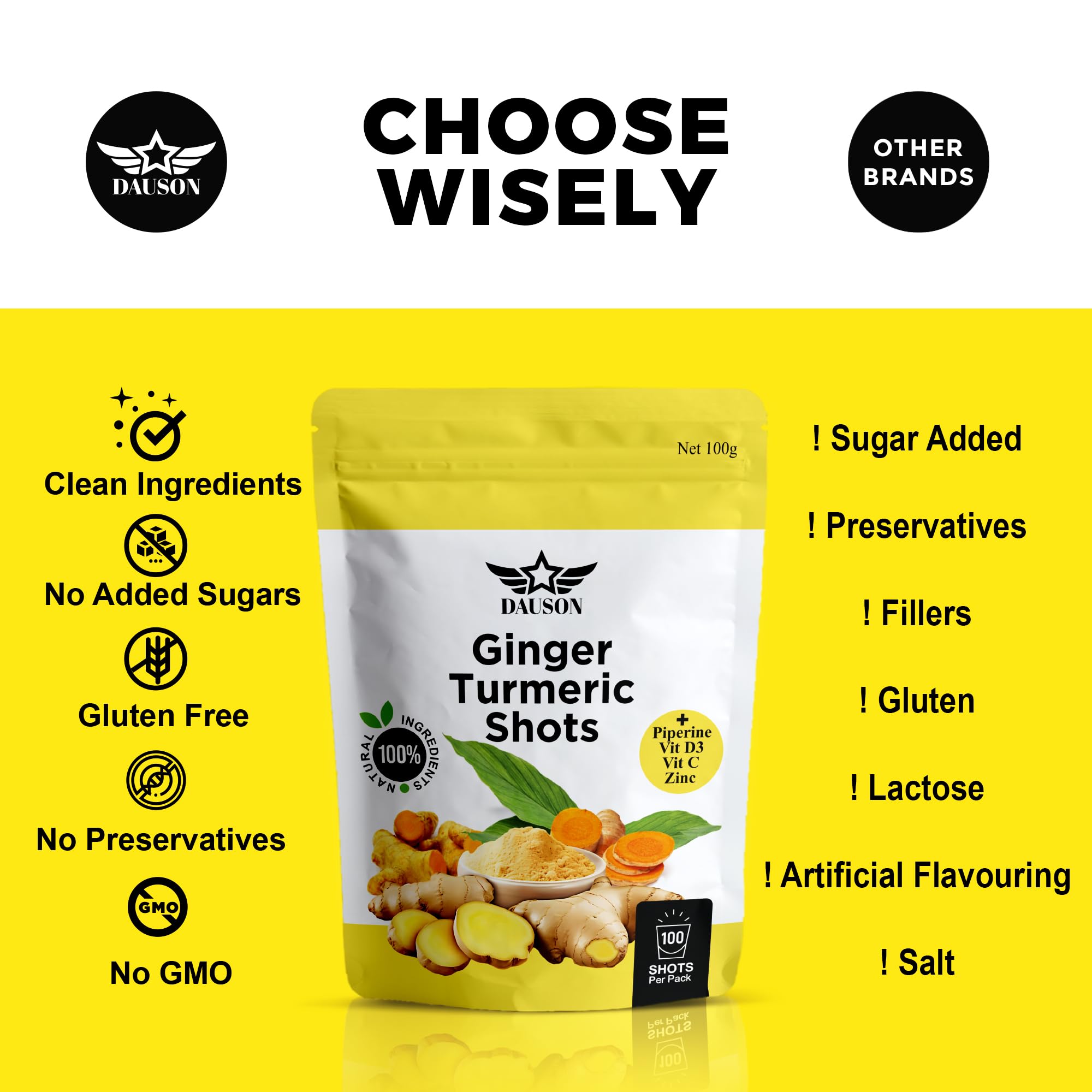 Ginger Turmeric Supplements with Piperine, Vitamin C, Vitamin D3 & Zinc | Turmeric Ginger Shots for Joint, Heart, Brain, Gut & Skin Health | 100 Servings | Ayurvedic | Powder