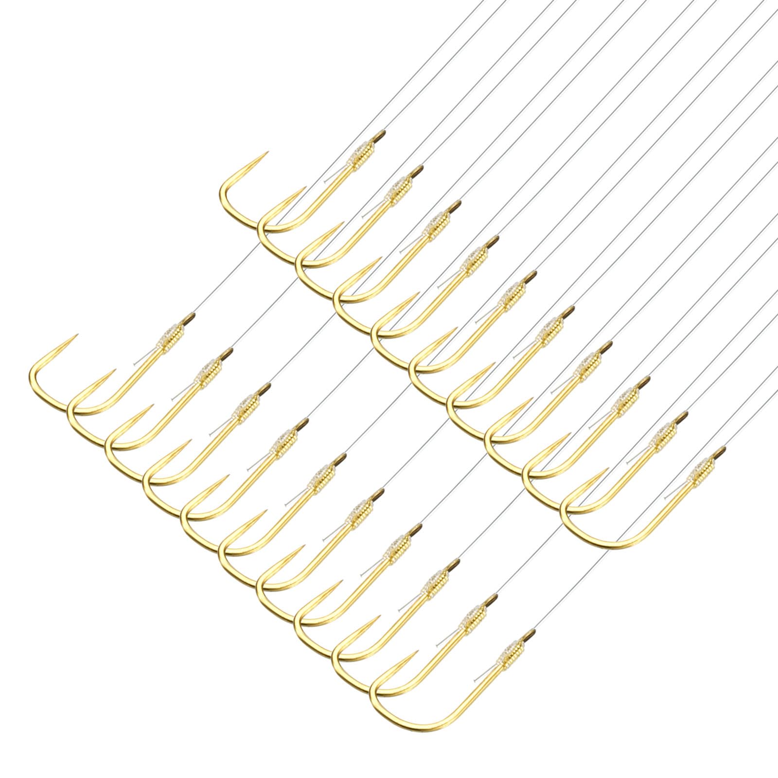 PATIKIL 2# Small Fishing Hooks with 45cm Line, 20Pcs 0.28x0.15 Inch Double Hook Rigs Fishing Hook on Nylon Line for Freshwater, Gold Tone
