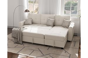 Ucloveria Sectional Sofa Couch, Sleeper Sofa Bed with Reversible Storage Chaise Pull Out Couch Bed for Living Room L-Shape Lounge 2 in 1 Futon Sofa with Side Storage Bag,Beige