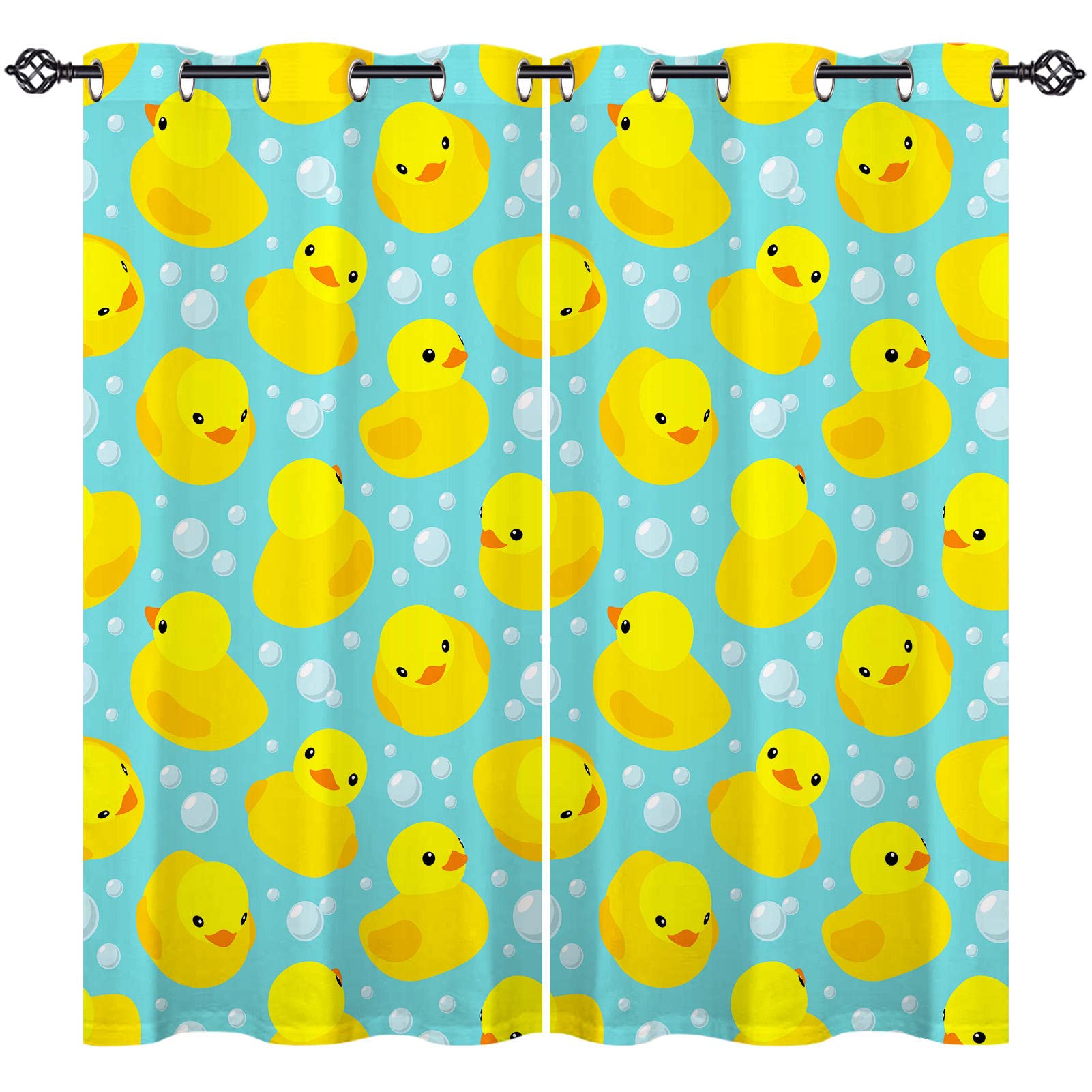 ANHOPE Duck Curtains Eyelet 80% Blackout Room Darkening Curtains with Cartoon Yellow Rubber Duck Bubble Print Pattern Light Blocking Window Drapes for Bedroom Living Room 46 x 54 Inch Drop 2 Panels