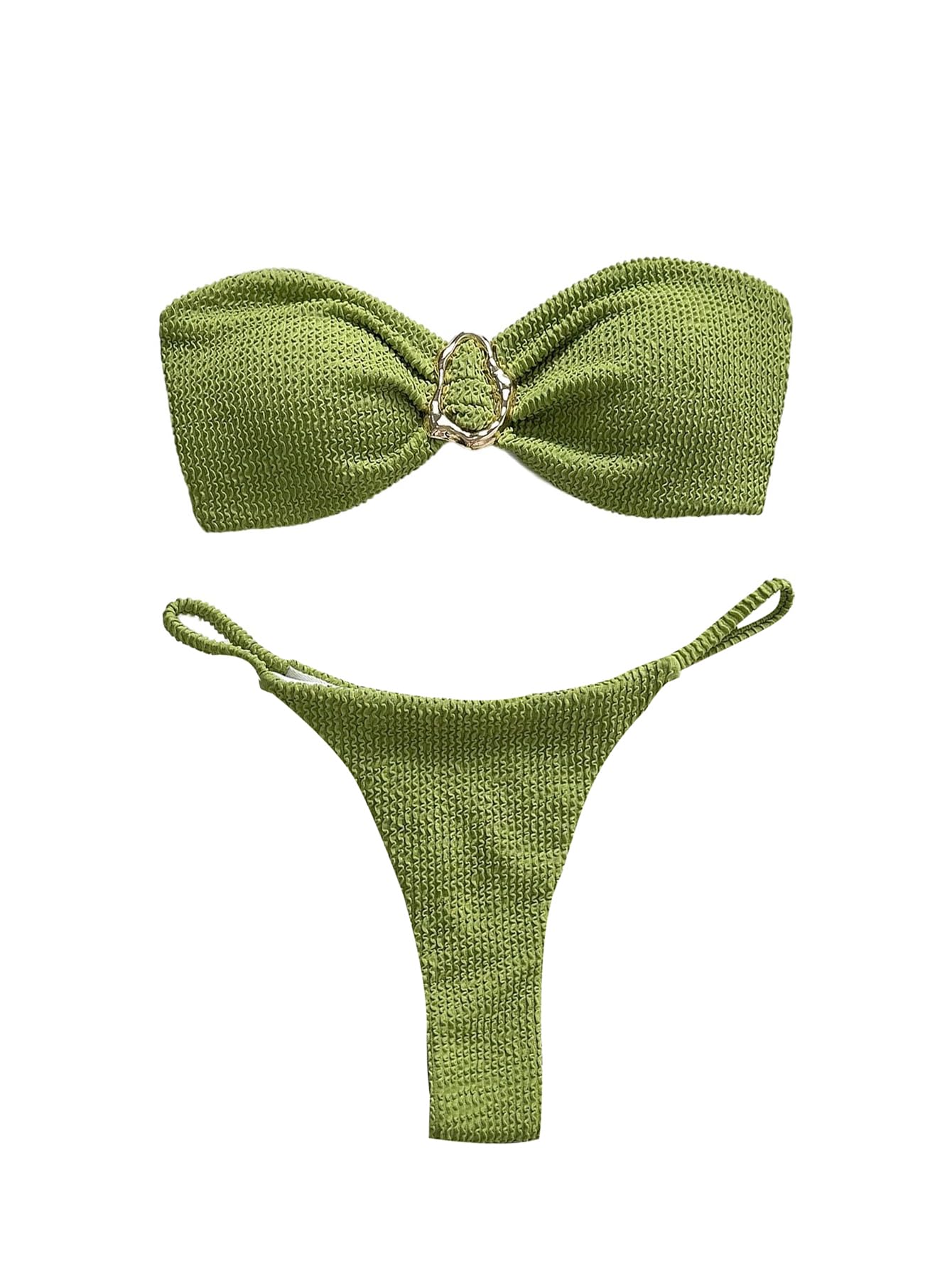 Photo 1 of SHENHE Women's Strapless Brazilian Thong Bikini Set Metal Ring 2 Piece Bandeau Tube Swimsuits Grass Green Small