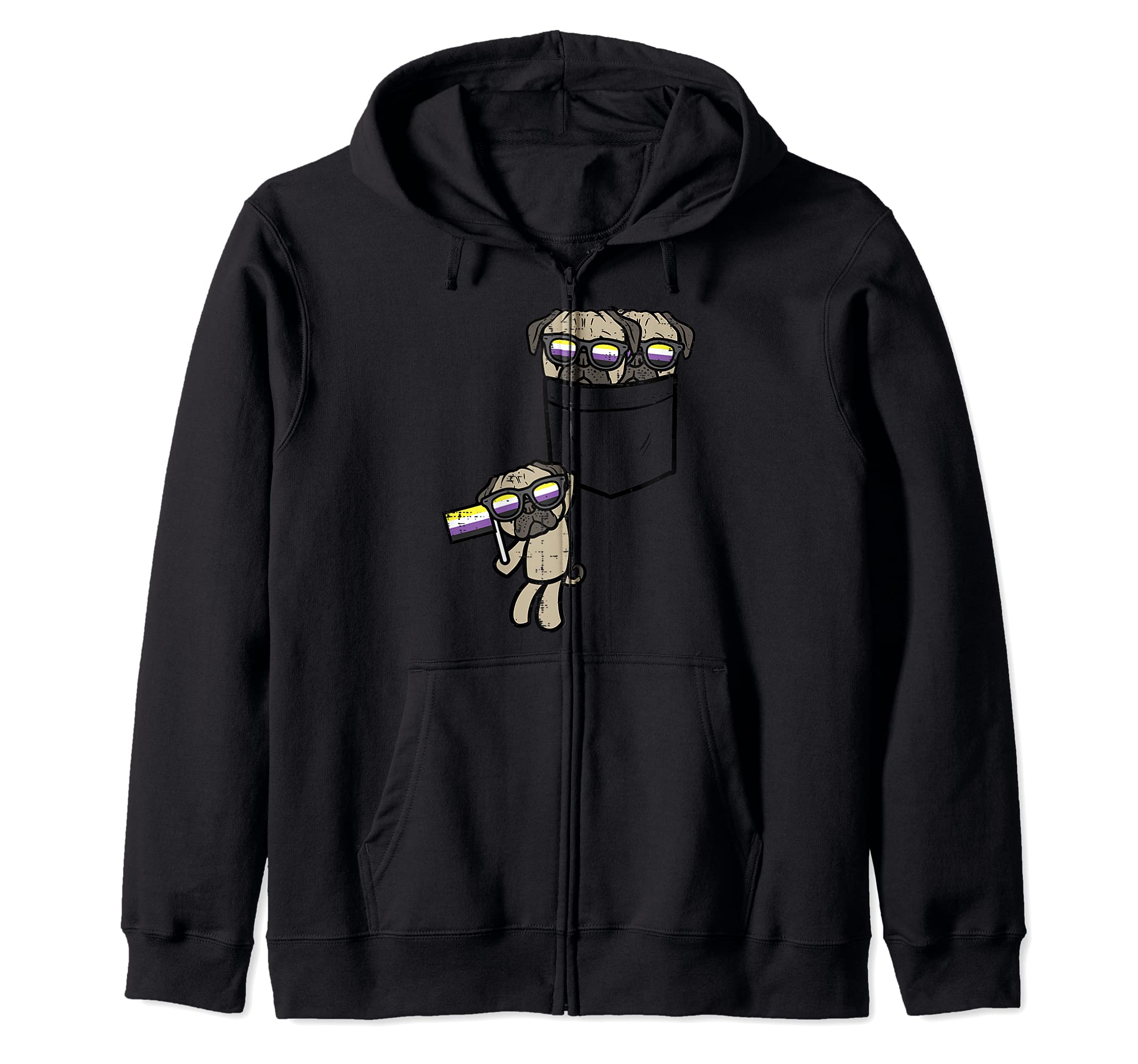 Pugs In Pocket Dogs LGBTQ Non-Binary Flag Genderqueer Enby Zip Hoodie