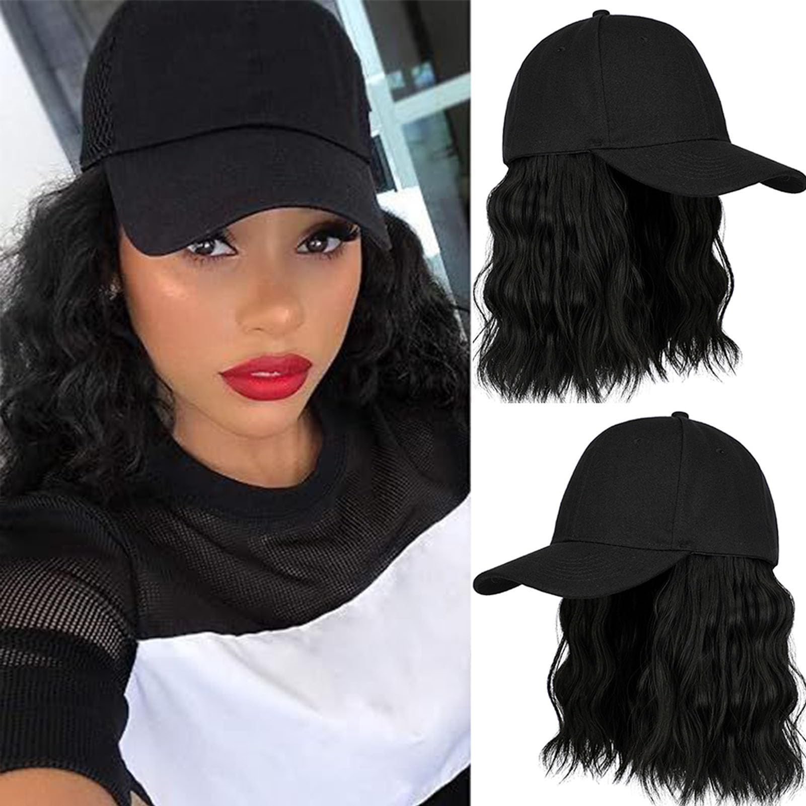 Photo 1 of ASAYUMI Hat Wig for Women Short BOB Wave Baseball Cap Wig with Curly Synthetic Hair Extensions, Adjustable Black Baseball Hat Wig
