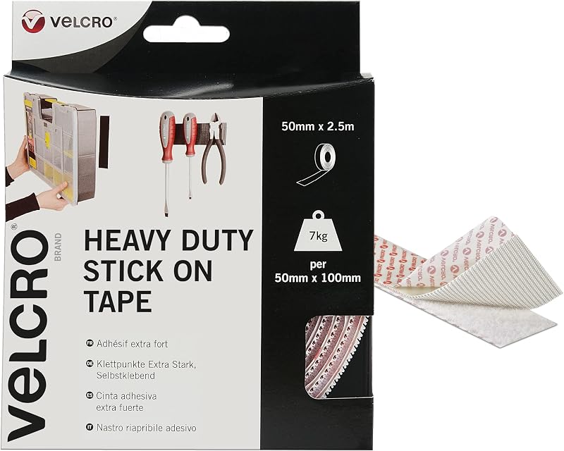 VELCRO Brand Heavy Duty Stick On Tape 50mm x 2.5m White Double Sided