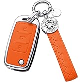 XUPEIXUN for VW Volkswagen Key Fob Cover with Keychain, Orange Leather Rhinestone Key Case Protection Shell Compatible with Jetta Golf Polo MK6 Passat Tiguan Beetle Bling Car Accessories
