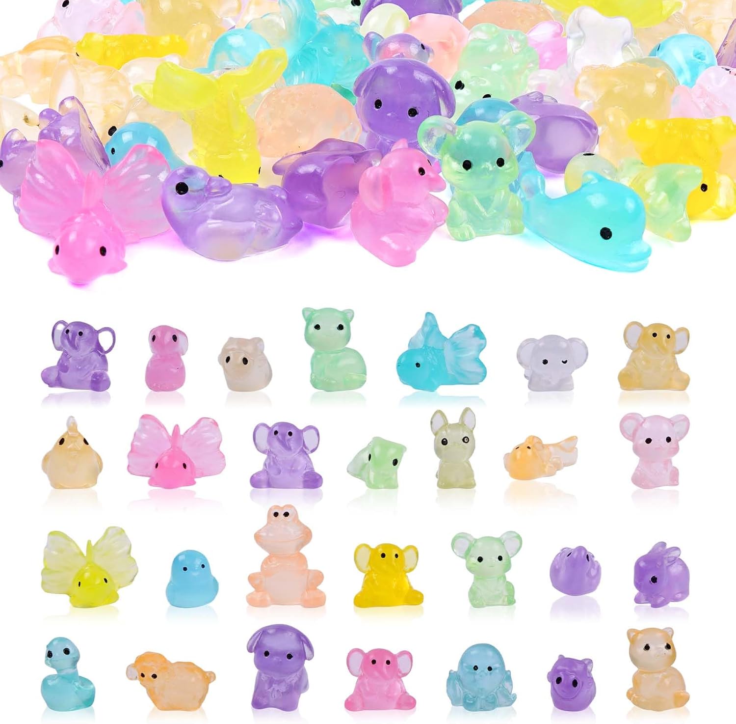 50 Pcs Luminous Mini Resin Animals Bulk - Assorted Tiny Luminous Figurines for Fairy Gardens, Aquarium, DIY Crafts & Party Decorations