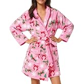 Leyajedol Women Holiday Graphic Plush Robe Heart Bow Tie Soft Fleece Bathrobe Shawl Collar Fuzzy Lounge Robes with Belt