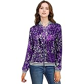 GRAJTCIN Women's Sequin Jackets Shiny Disco 70s/80s Sparkly Bomber Jacket Casual Long Sleeve Mardi Gras Party Outfit