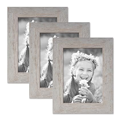 PHOTOLINI 3er Bilderrahmen-Set 13x18 cm Strandhaus Grau Rustikal Massivholz mit Glasscheibe inkl. Zubehör/Fotorahmen