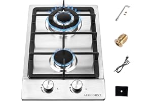AUODGDNT Gas Stove Gas Cooktop 2 Burners,12 Inches Portable Stainless Steel Built-in Gas Hob LPGNG Dual Fuel Easy to Clean fo