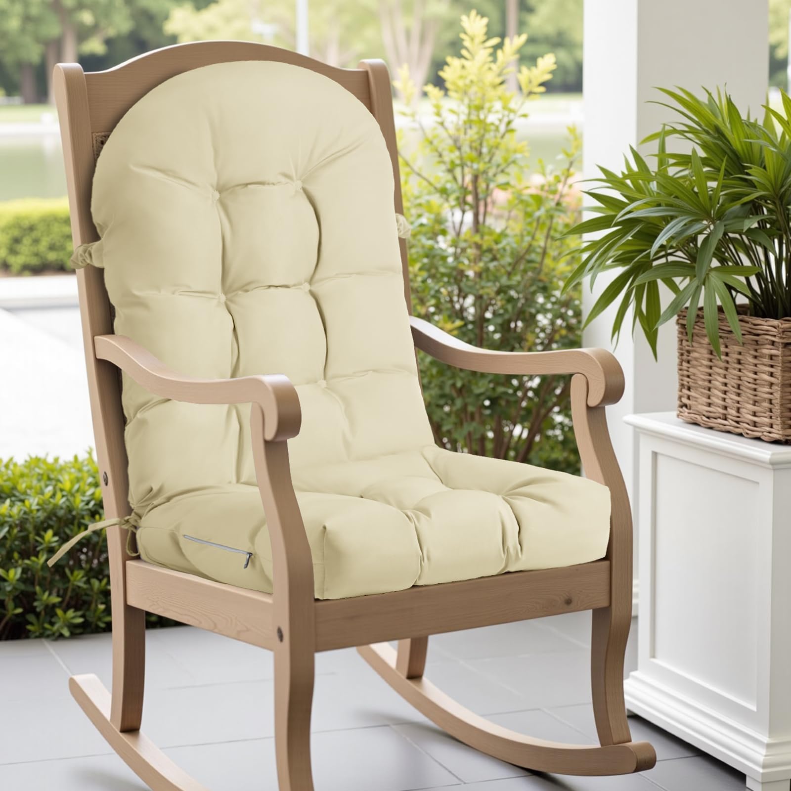Photo 1 of ROFIEJOX Waterproof Rocking Chair Cushion - Outdoor Oliven Fabric, High-Density Sponge, Durable Comfort Non-Slip Bottom Tufted Seat Pads with Ties, Oliven?Beige, 44x19x4 inch