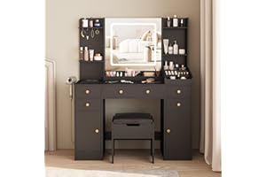Vabches Vanity Desk with Lights, Makeup Vanity Table with Charging Station, 44.9in Big Vanity Set with 5 Drawers & Lots Storage Space, Black