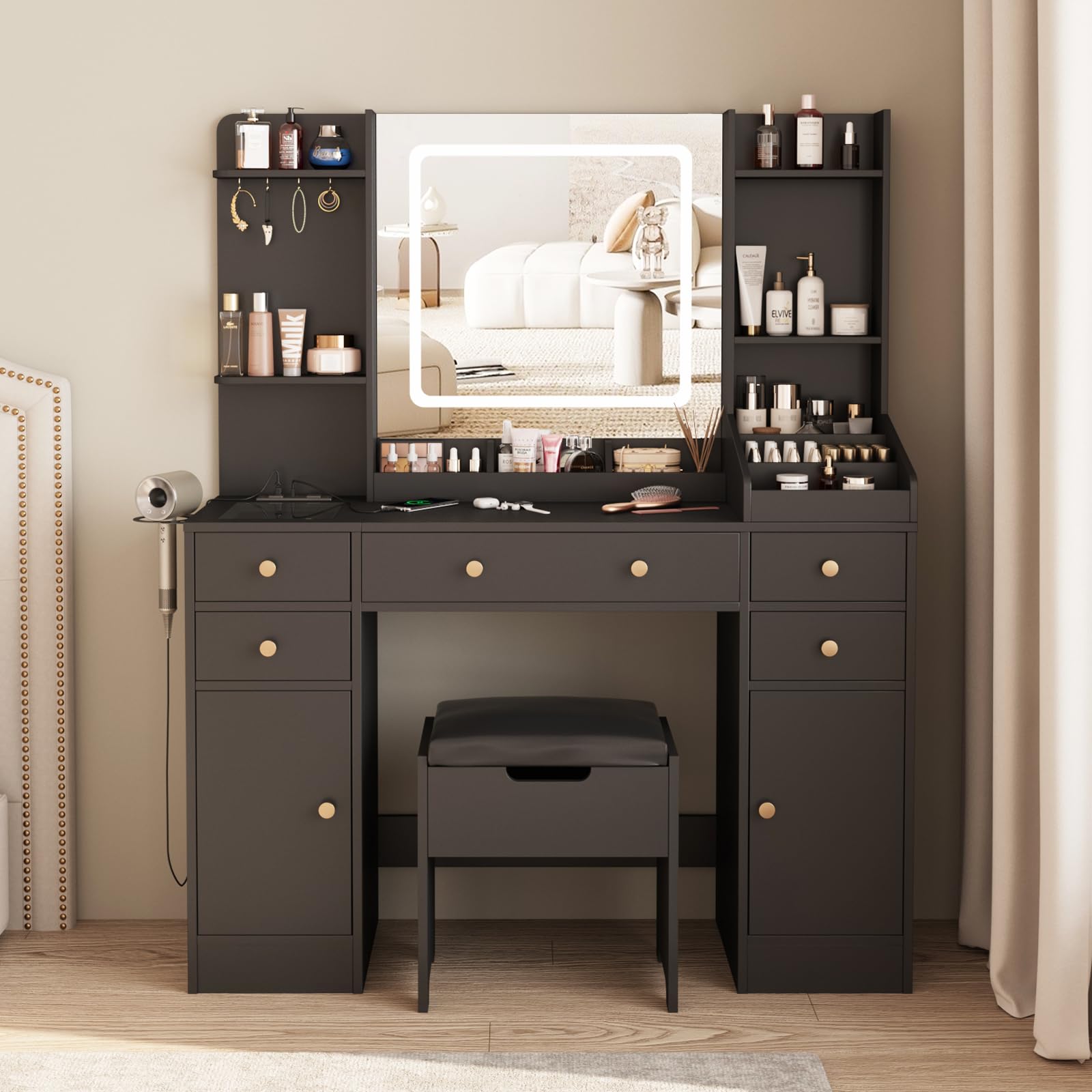 Photo 1 of **See note **Vabches Vanity Desk with Lights, Makeup Vanity Table with Charging Station, 44.9in Big Vanity Set with 5 Drawers & Lots Storage Space, Black