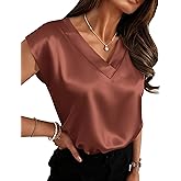 Zeagoo Women Silk Satin Tops Cap Short Sleeve Blouse Summer V Neck Shirts Business Casual Outfits