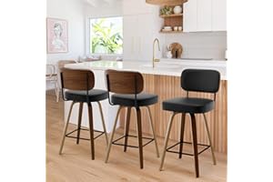 Bekrvio Swivel Counter Height Bar Stools Set of 3, 26" Upholstered Faux Leather Barstools with Back and Bent Wood Legs, Mid Century Modern Bar Chair Island Stool for Kitchen Counter, Black