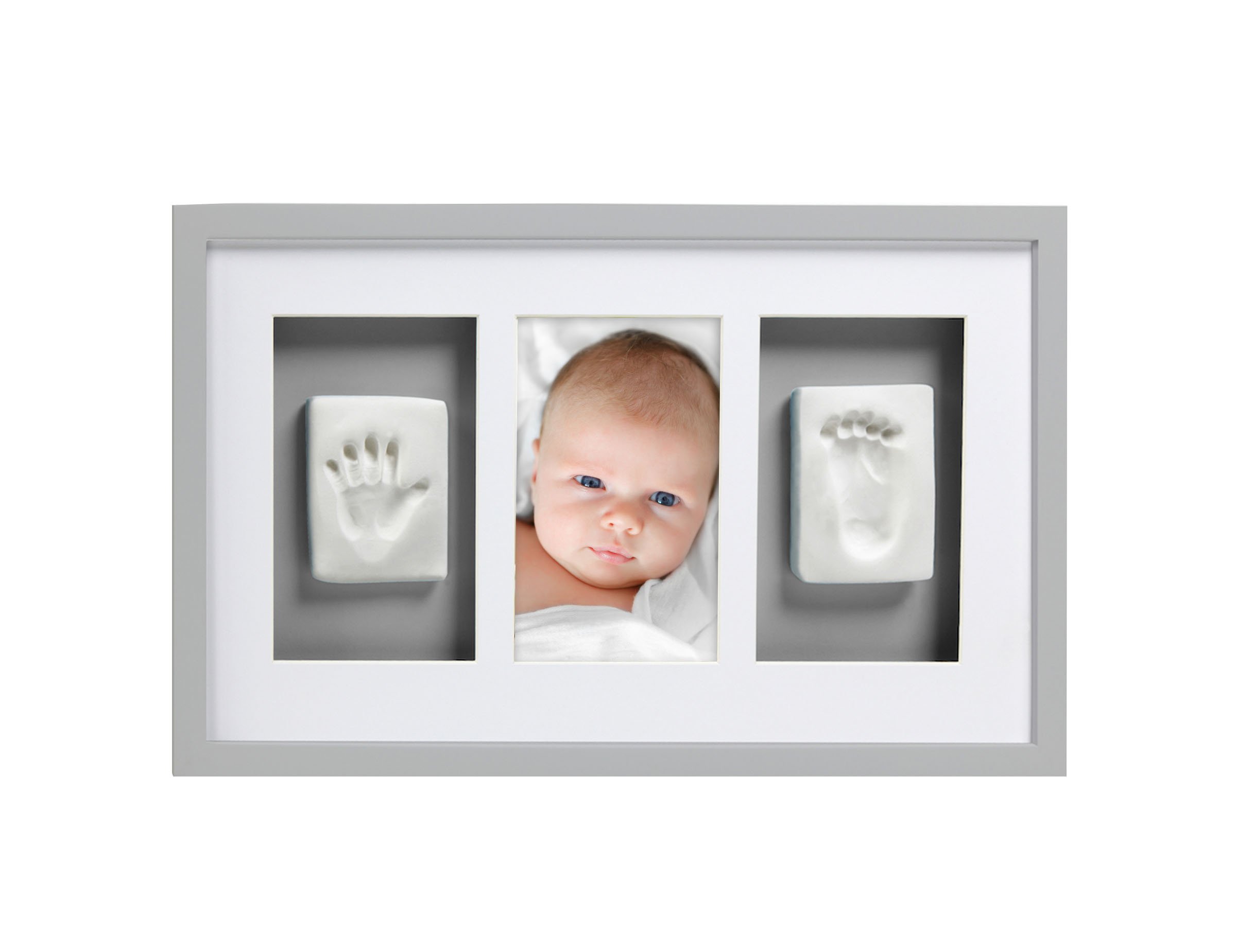 Pearhead Babyprints Frame, Newborn Baby Handprint and Footprint Keepsake, Deluxe Wall Photo and Impression Kit, Gender Neutral Nursery Décor, Grey