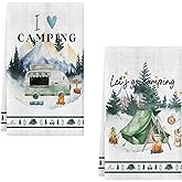 Lebsitey 2 Pack Camping Kitchen Towels, Printed with Funny Sayings Novelty Gifts for Campers Happy Camper Camping Tent Pine Tree Farmhouse Drying Cloth Towels,16 x 24 Inch (Camping)