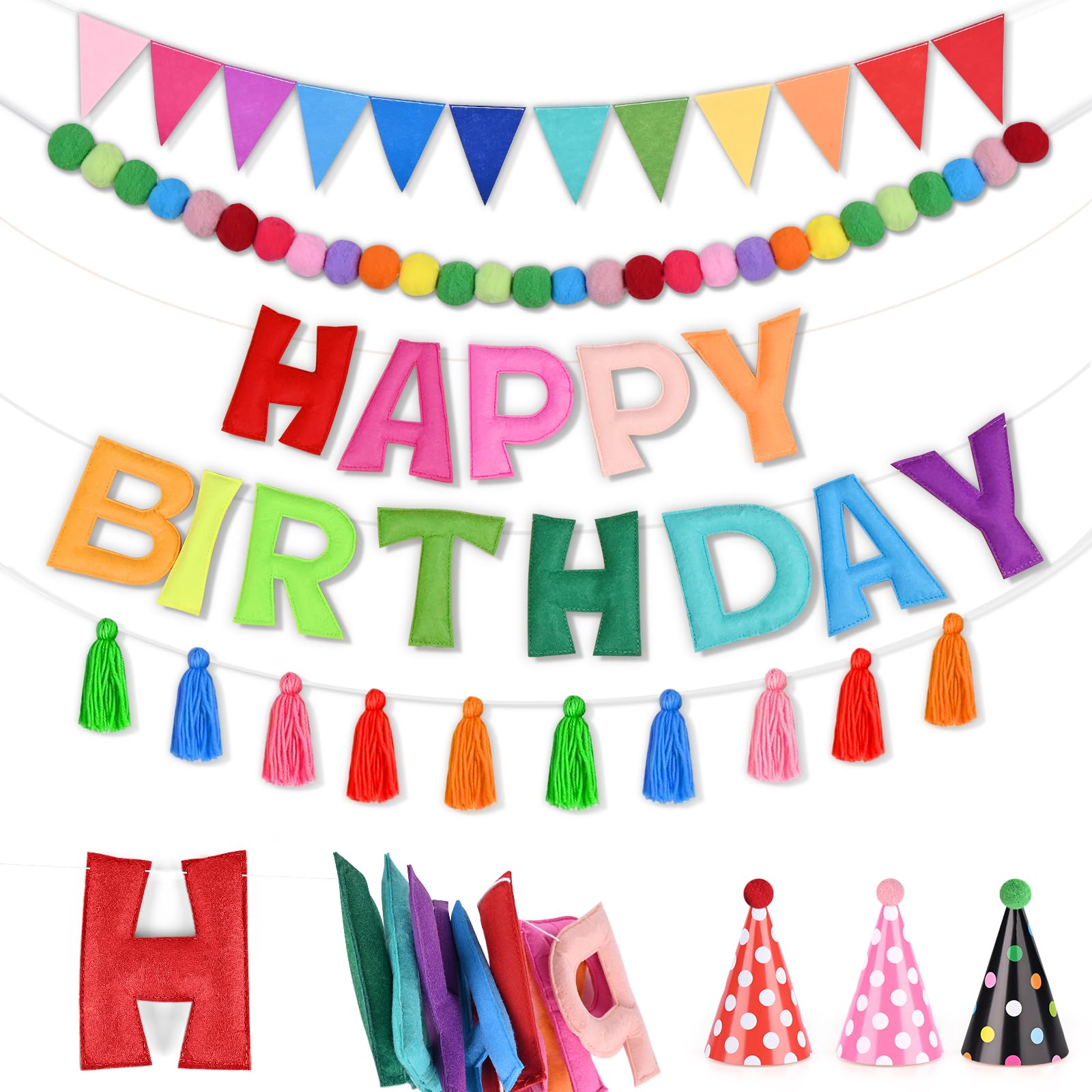 Photo 1 of 5PCS Felt Happy Birthday Banner, Pre-Strung Happy Birthday Decorations, HAPPY BIRTHDAY Sign with Felt Ball Garland, Rainbow Birthday Decorations for Women Kids