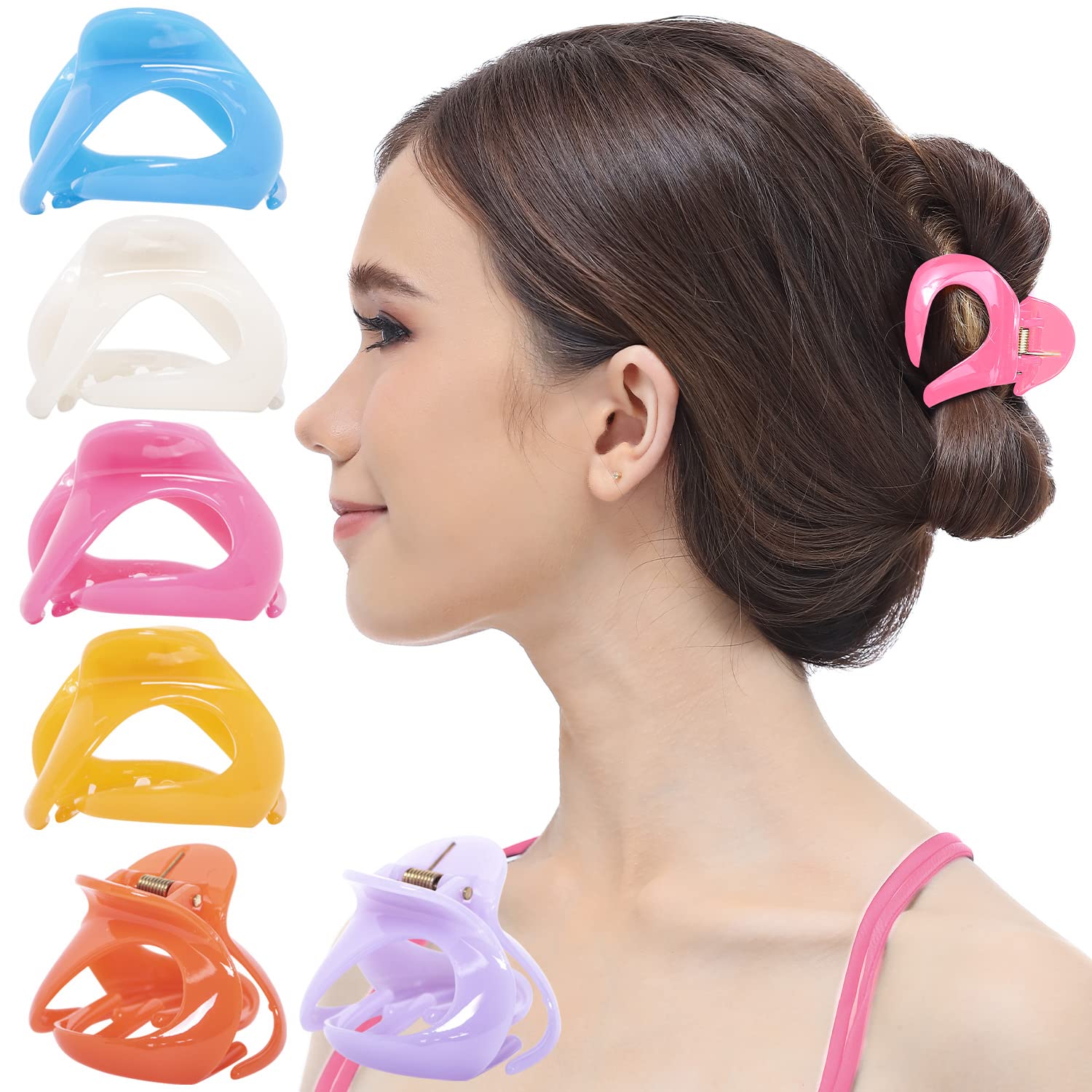 RC ROCHE ORNAMENT 6 Pcs Womens Oval Hollow Curved Jaw Clamp Barrette Interlocking Teeth No Slip Grip Beauty Fashion Girl Classic Plastic Accessory Hair Clip, Medium Jelly Candy Multicolor