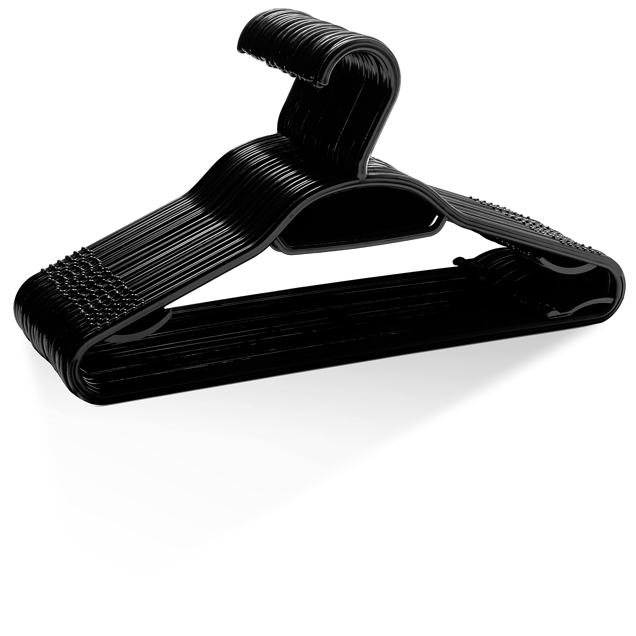 KEPLIN 30 Pack 5-in-1 Clothes Hangers – Adult Plastic Coat Hangers for Wardrobe – Space Saving Storage Organiser Hangers with Tie Bar, Strap Hooks, Non-Slip Notches and Secure Lip (Black)