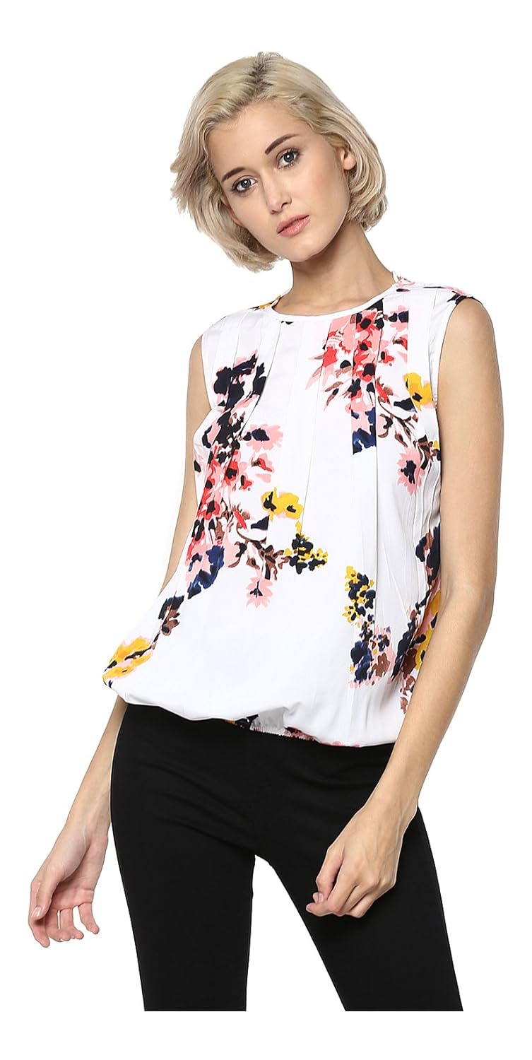 rare women off-white & peach-coloured printed blouson top (ep1310b)